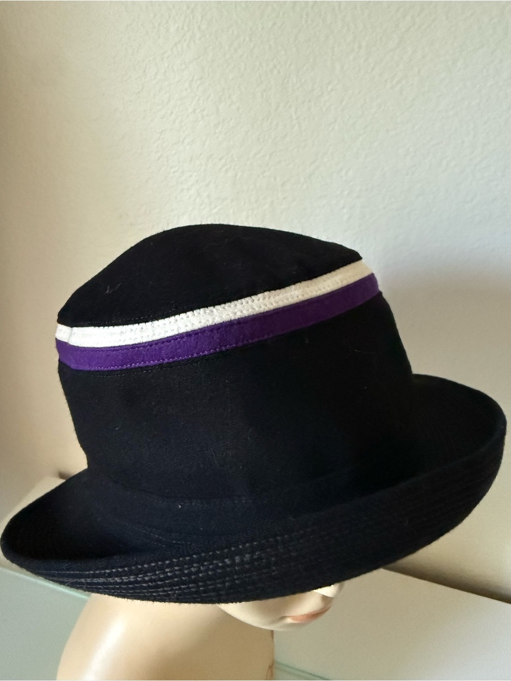 Hat  vtg “ House  of Walsh” Black Bucket Hat with White and Purple Band